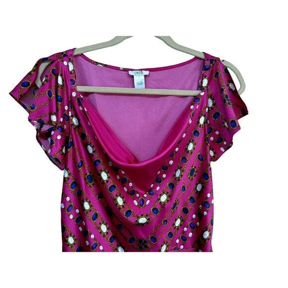 Cache Pullover Drape Neck Belted Magenta Print Tunic Top Flutter Sleeve Sz S - Picture 2 of 5